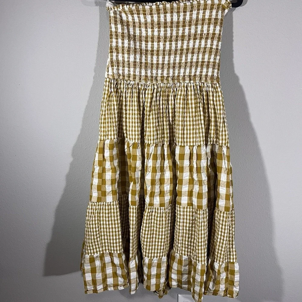 Avec Les Filles Cotton Check Tiered Smocked-Waist Maxi Skirt Tube Dress Size M - Picture 2 of 8